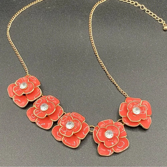 Coral Floral Enamel Rose  Collar Necklace - Picture 9 of 10